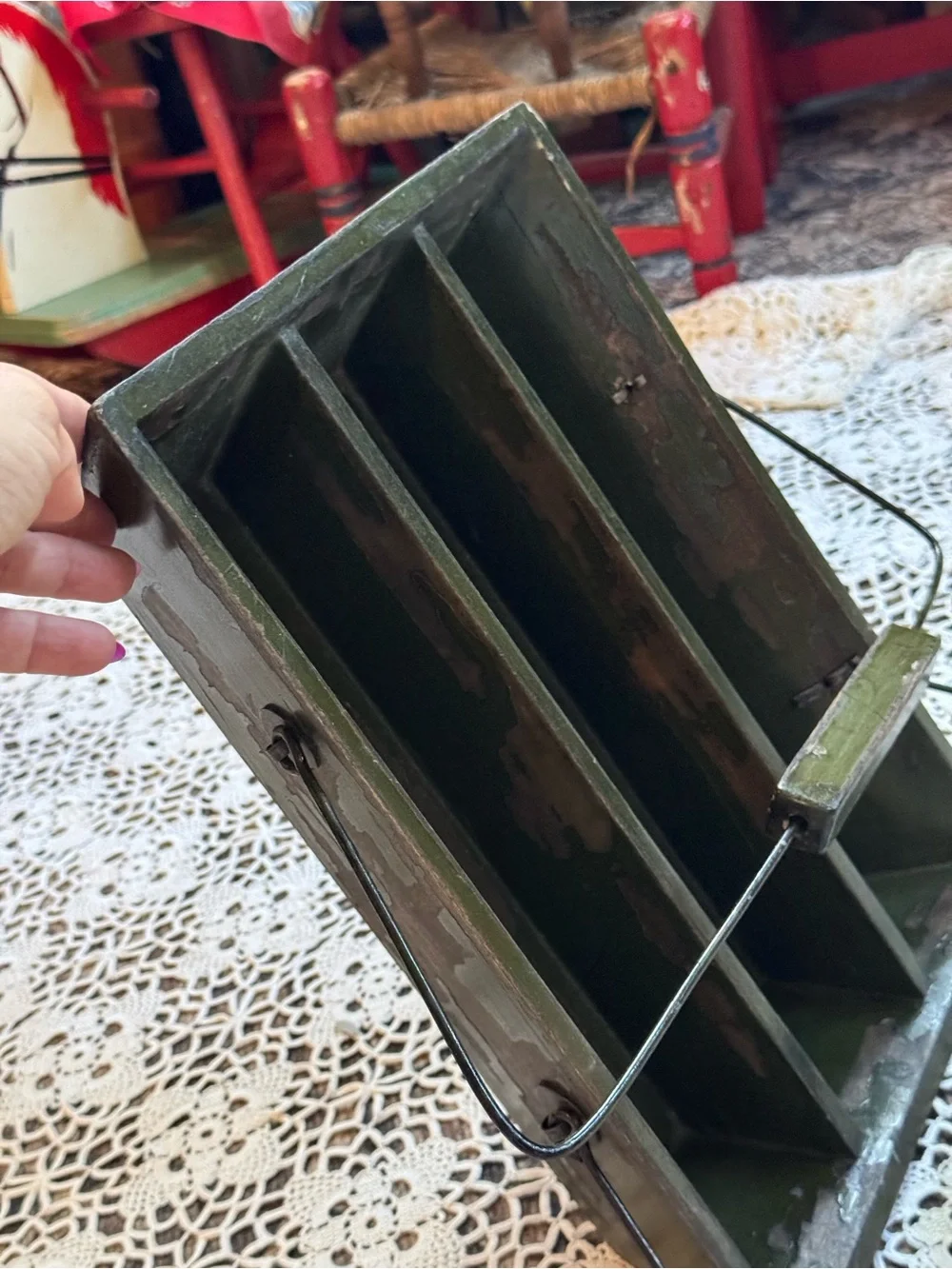 Vintage Primitive Wooden Divided Tool Caddy | Green Farmhouse Carrier